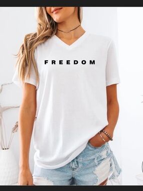 Freedom V-Neck Tee - White with Black Text